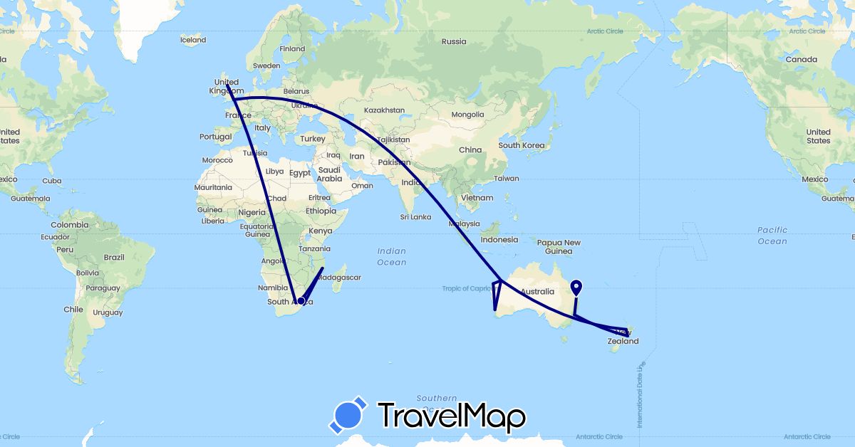 TravelMap itinerary: driving in Australia, United Kingdom, Lesotho, Mozambique, New Zealand, Swaziland, South Africa (Africa, Europe, Oceania)
